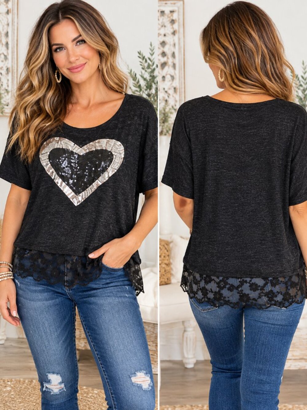 CANDA Black Silver Sequin Heart Embellished Lace Hem Knit Tee Top Medium